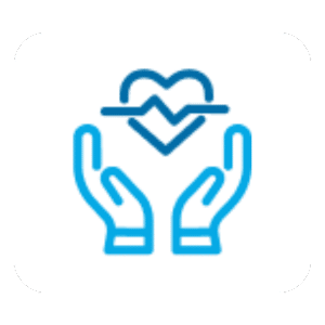 Icon of hands holding heart with medical monitor representing healthcare benefits at a Houston janitorial and commercial cleaning company.