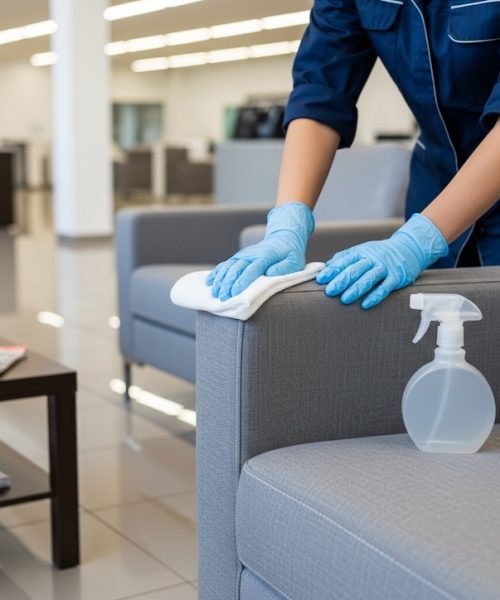 Woman cleaning lobby room chairs in an auto dealership store
